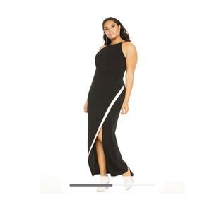 BCX Black Sleeveless Halter Maxi Evening‎ Dress Rhinestone Bias Slit Size 3X New